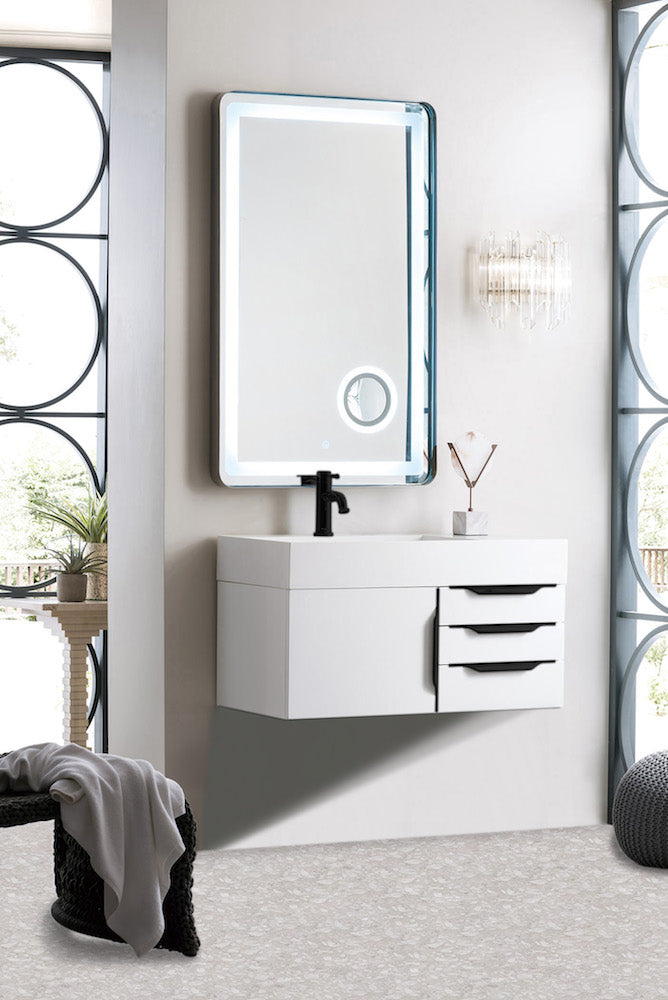 36" Mercer Island Single Sink Bathroom Vanity, Glossy White w/ Matte Black