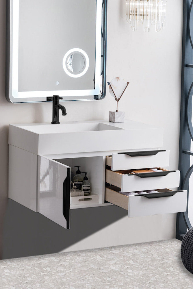 36" Mercer Island Single Sink Bathroom Vanity, Glossy White w/ Matte Black
