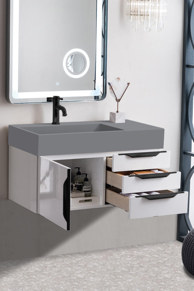 36" Mercer Island Single Sink Bathroom Vanity, Glossy White w/ Matte Black