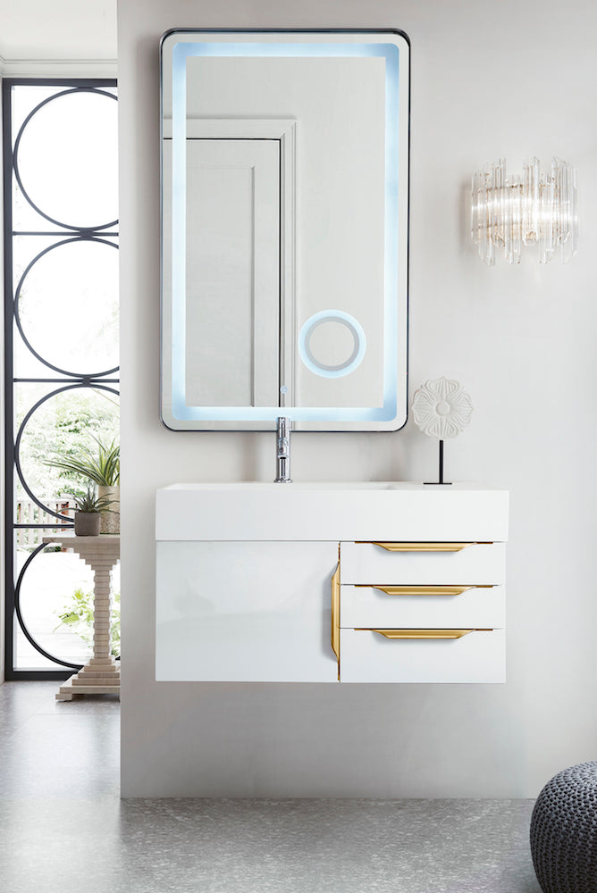 36" Columbia Single Wall Mount Vanity Cabinet, Glossy White, Radiant Gold