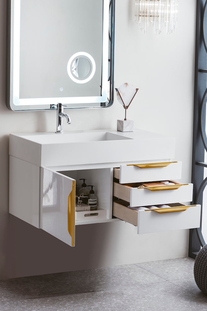 36" Columbia Single Wall Mount Vanity Cabinet, Glossy White, Radiant Gold