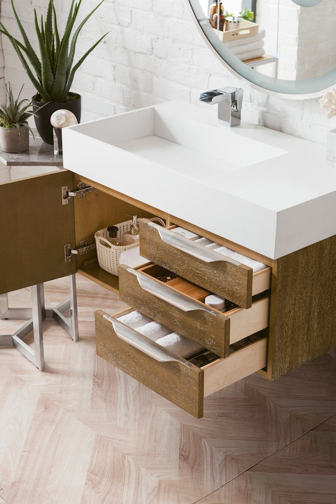 36" Columbia Single Wall Mount Vanity Cabinet, Latte Oak, Brushed Nickel
