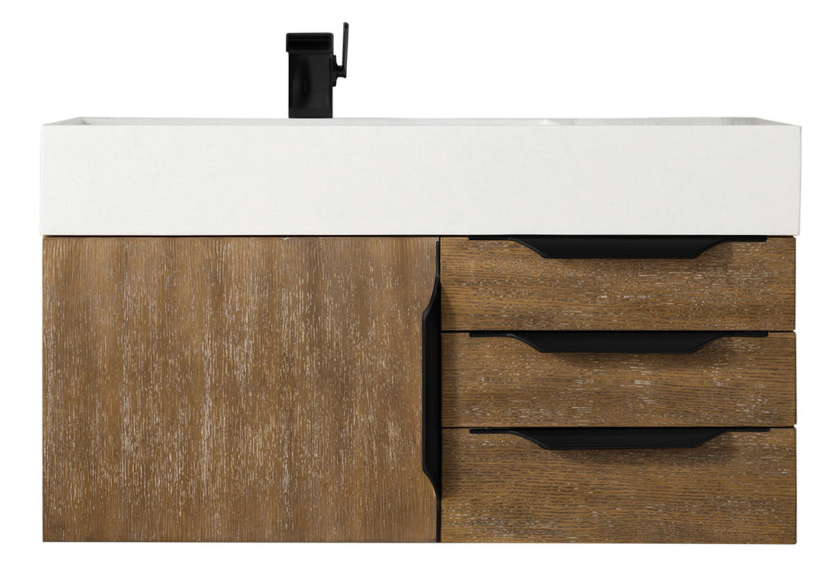 36" Columbia Single Wall Mount Vanity Cabinet, Latte Oak, Matte Black