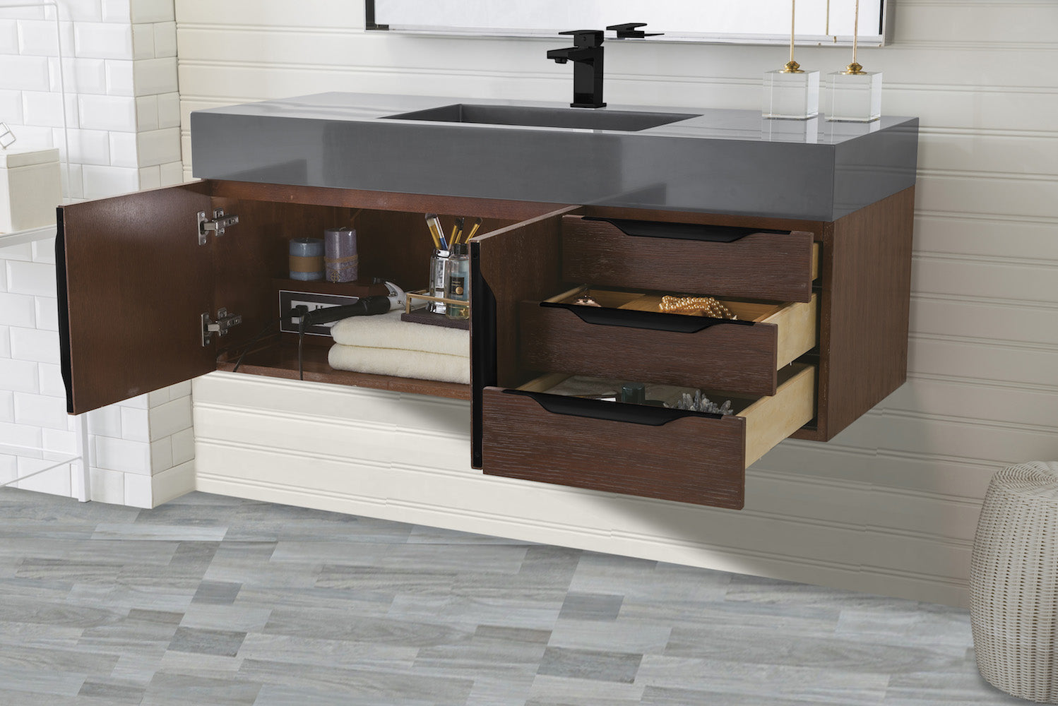 48" Mercer Island Single Sink Bathroom Vanity, Coffee Oak w/ Matte Black