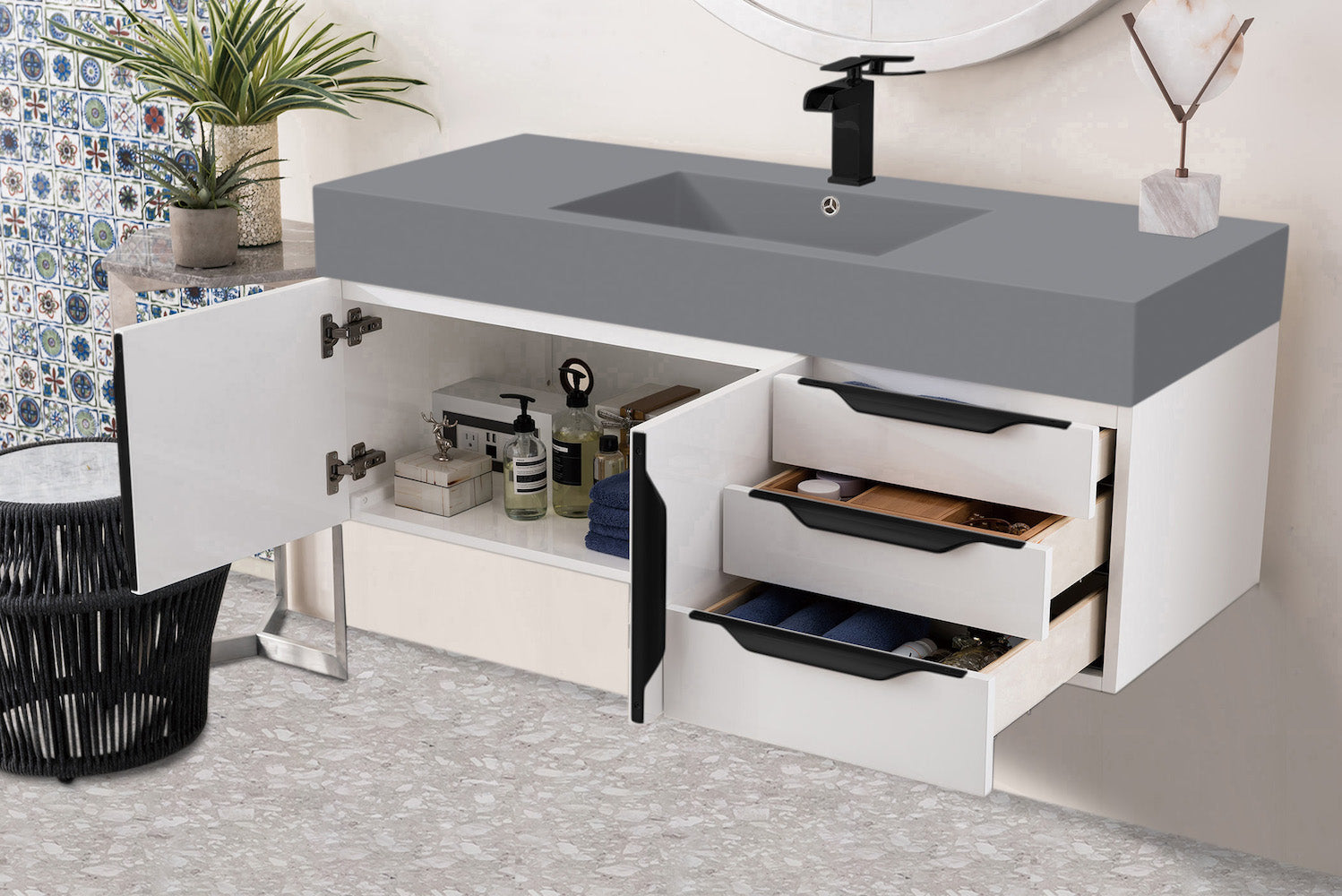 48" Mercer Island Single Sink Bathroom Vanity, Glossy White w/ Matte Black