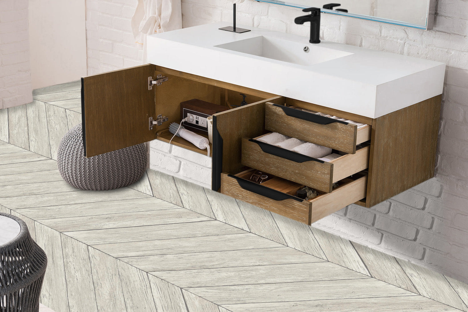 48" Mercer Island Single Sink Bathroom Vanity, Latte Oak w/ Matte Black