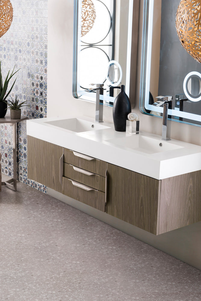59" Mercer Island Double Sink Bathroom Vanity, Ash Gray w/ Brushed Nickel