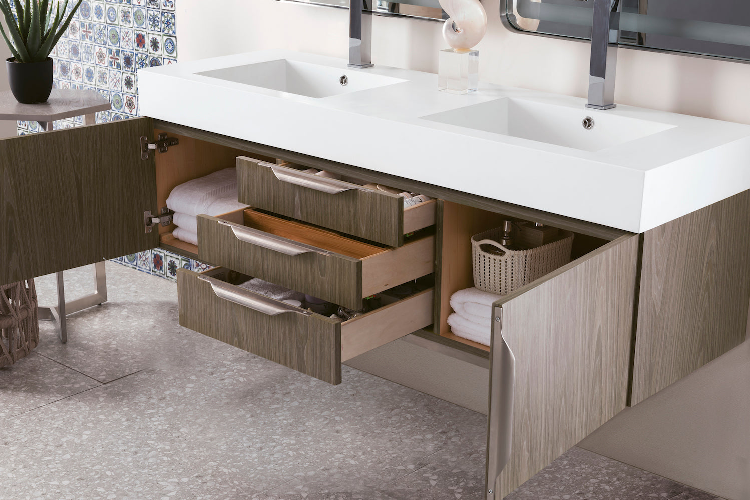 59" Mercer Island Double Sink Bathroom Vanity, Ash Gray w/ Brushed Nickel