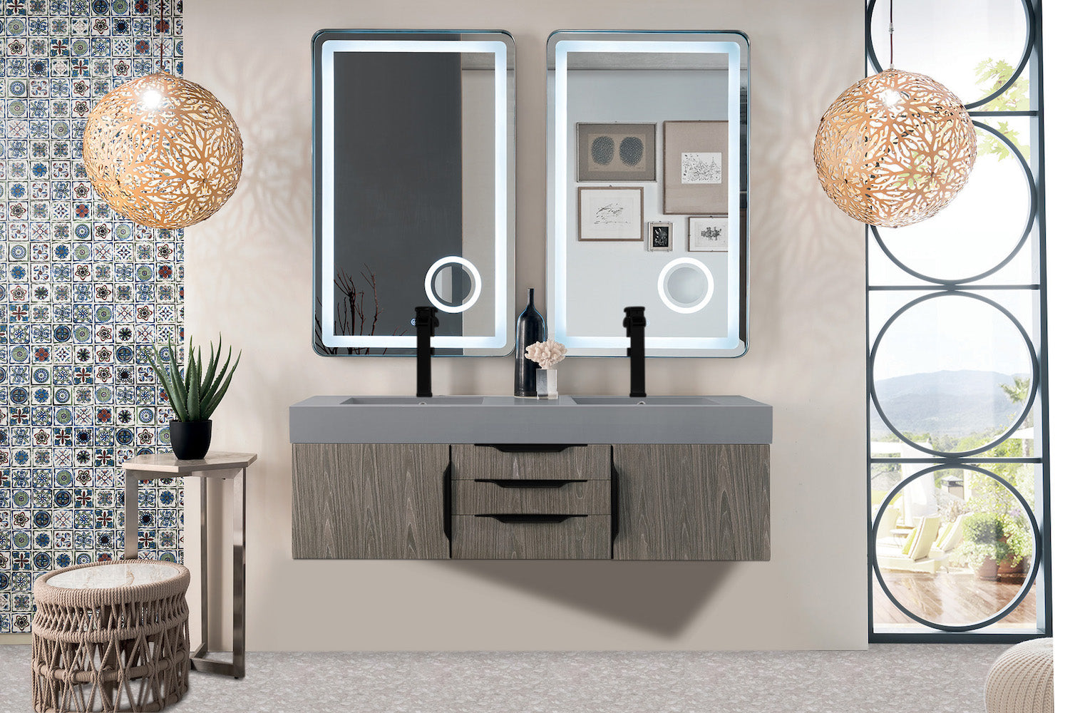 59" Mercer Island Double Sink Bathroom Vanity, Ash Gray w/ Matte Black