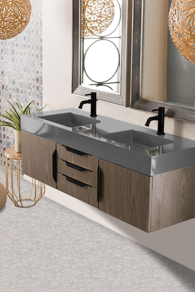 59" Mercer Island Double Sink Bathroom Vanity, Ash Gray w/ Matte Black