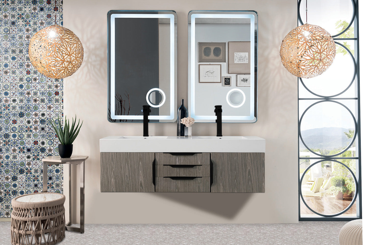 59" Mercer Island Double Sink Bathroom Vanity, Ash Gray w/ Matte Black