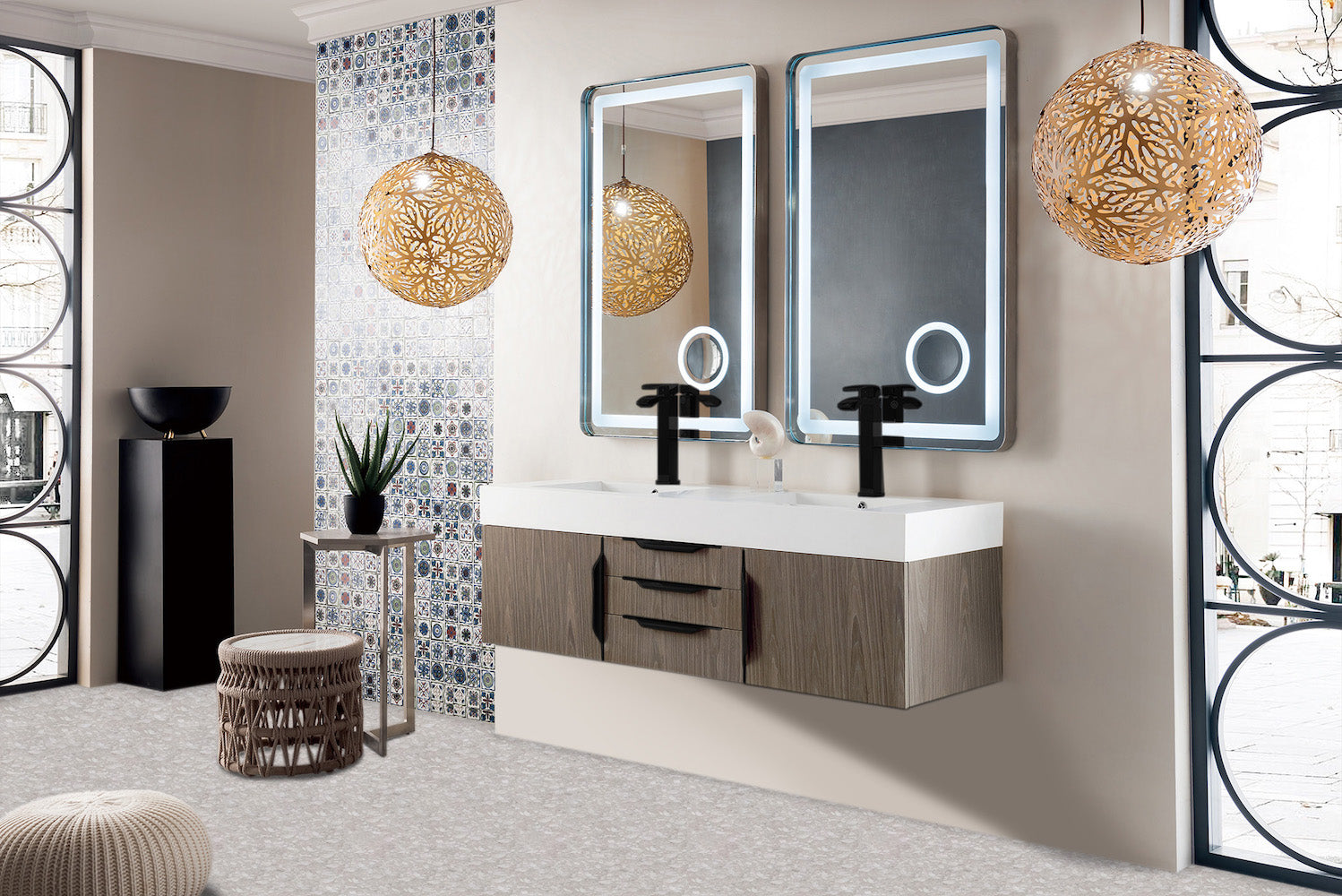 59" Mercer Island Double Sink Bathroom Vanity, Ash Gray w/ Matte Black