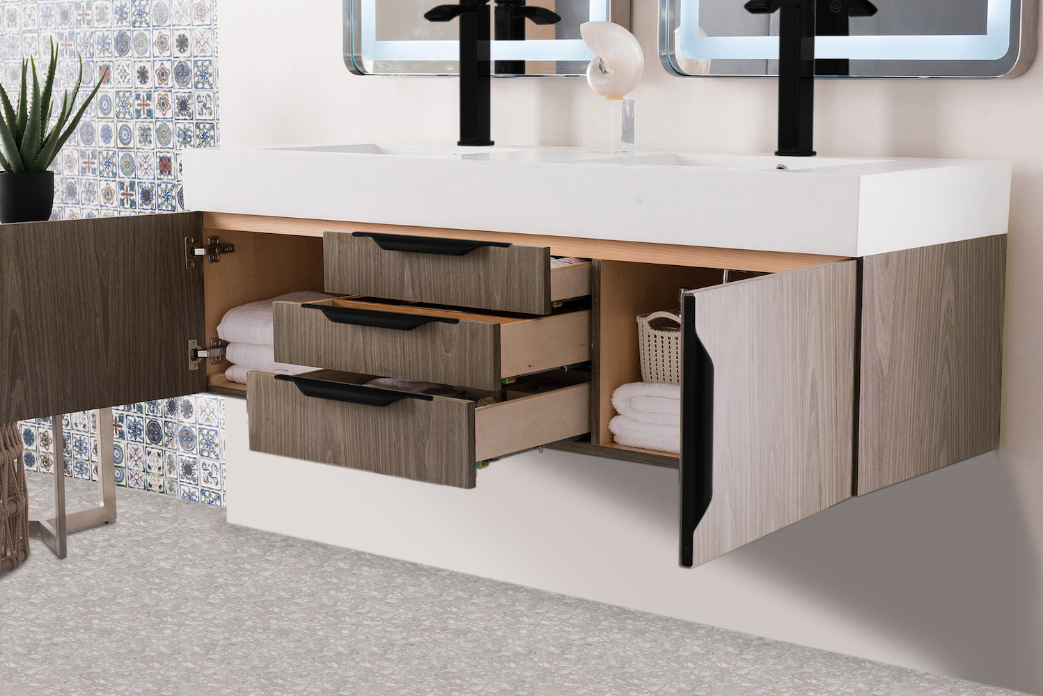 59" Mercer Island Double Sink Bathroom Vanity, Ash Gray w/ Matte Black