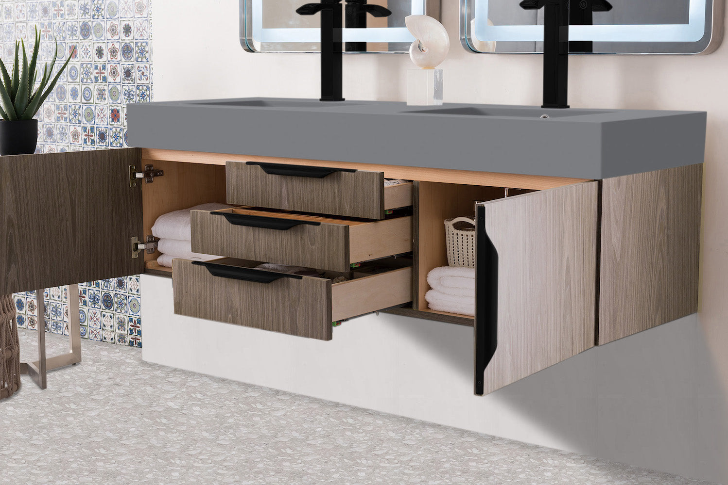 59" Mercer Island Double Sink Bathroom Vanity, Ash Gray w/ Matte Black