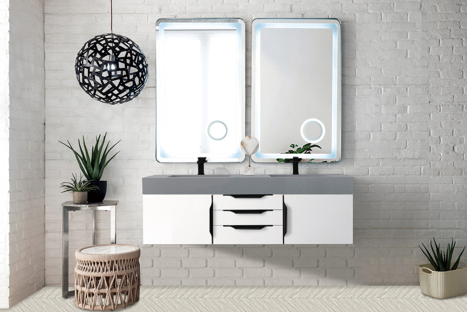 59" Mercer Island Double Sink Bathroom Vanity, Glossy White w/ Matte Black
