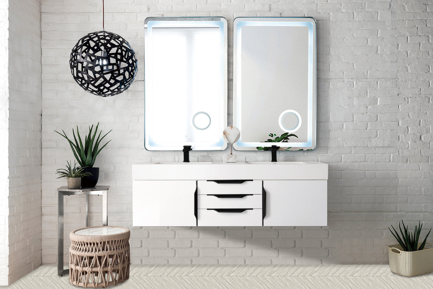 59" Mercer Island Double Sink Bathroom Vanity, Glossy White w/ Matte Black