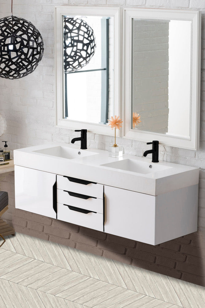 59" Mercer Island Double Sink Bathroom Vanity, Glossy White w/ Matte Black
