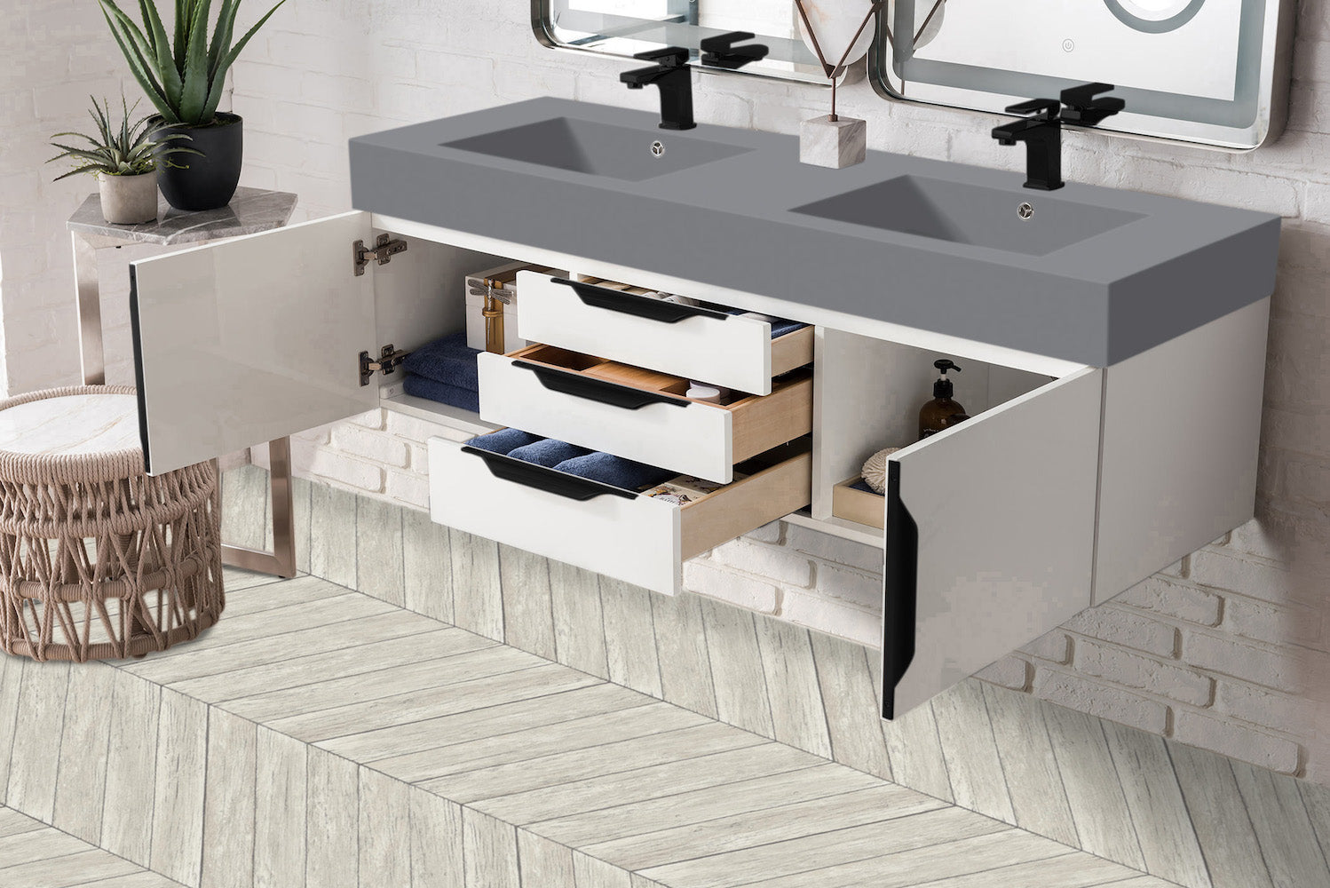 59" Mercer Island Double Sink Bathroom Vanity, Glossy White w/ Matte Black