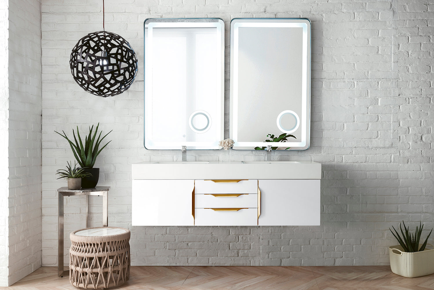 59" Mercer Island Double Sink Bathroom Vanity, Glossy White w/ Radiant Gold