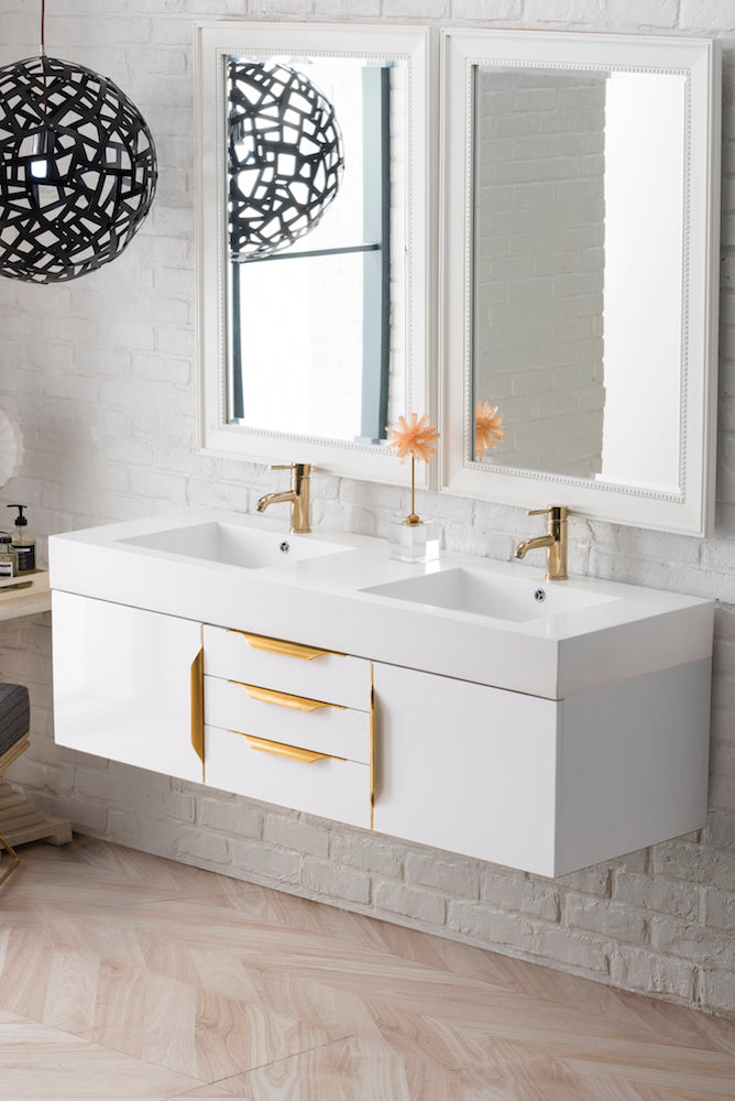 59" Mercer Island Double Sink Bathroom Vanity, Glossy White w/ Radiant Gold