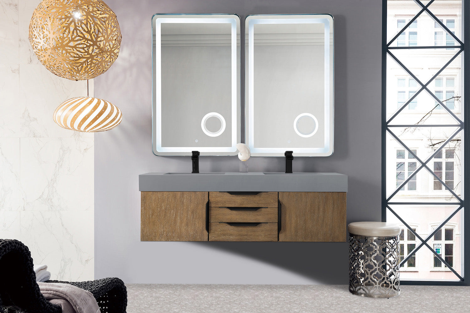 59" Mercer Island Double Sink Bathroom Vanity, Latte Oak w/ Matte Black