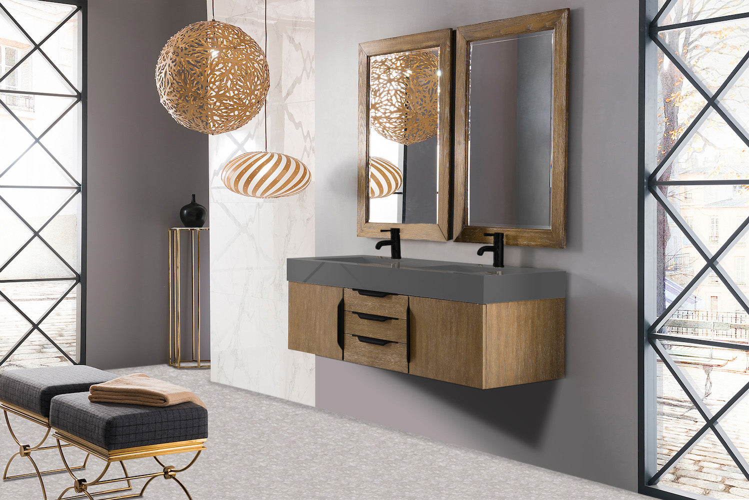 59" Mercer Island Double Sink Bathroom Vanity, Latte Oak w/ Matte Black