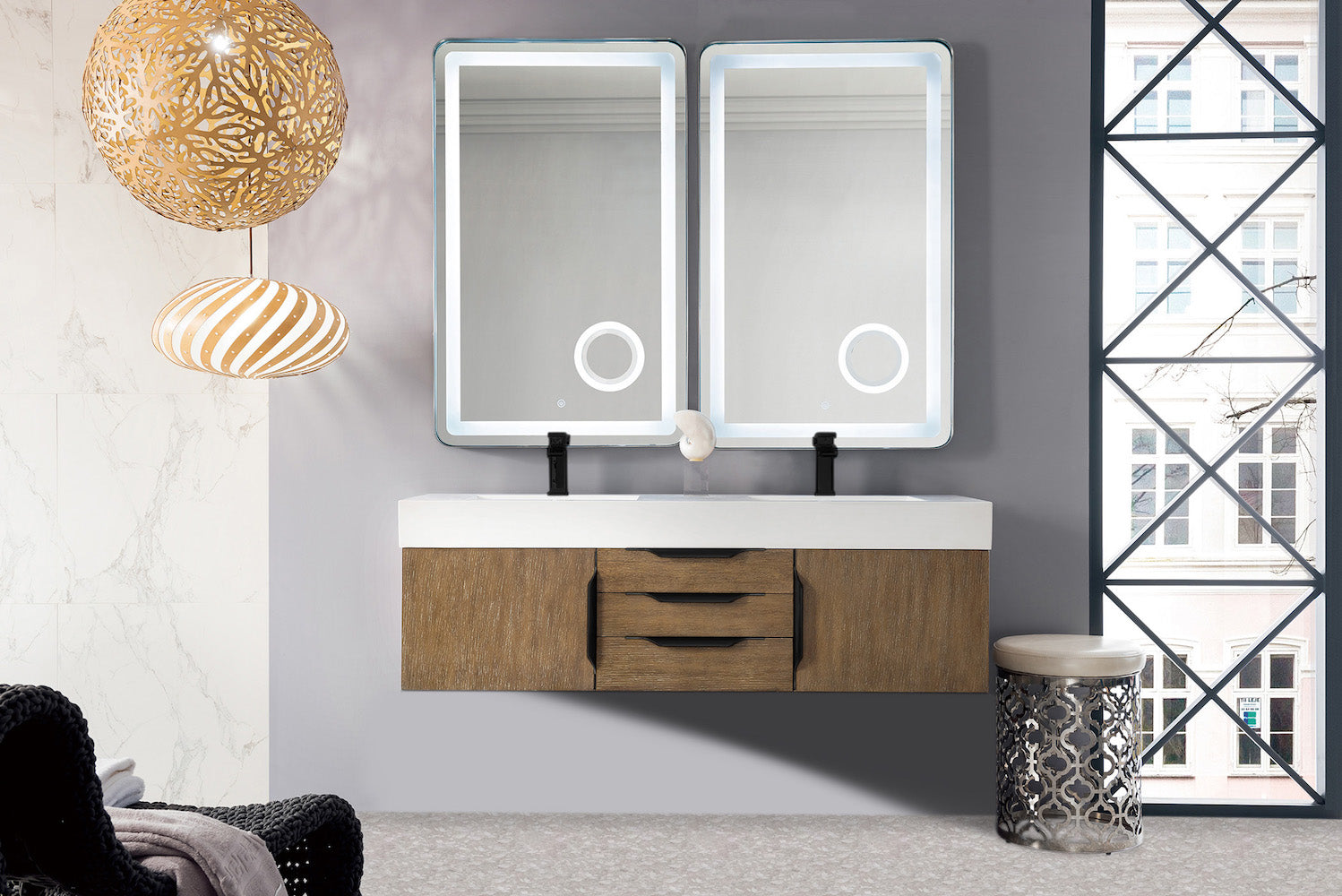 59" Mercer Island Double Sink Bathroom Vanity, Latte Oak w/ Matte Black