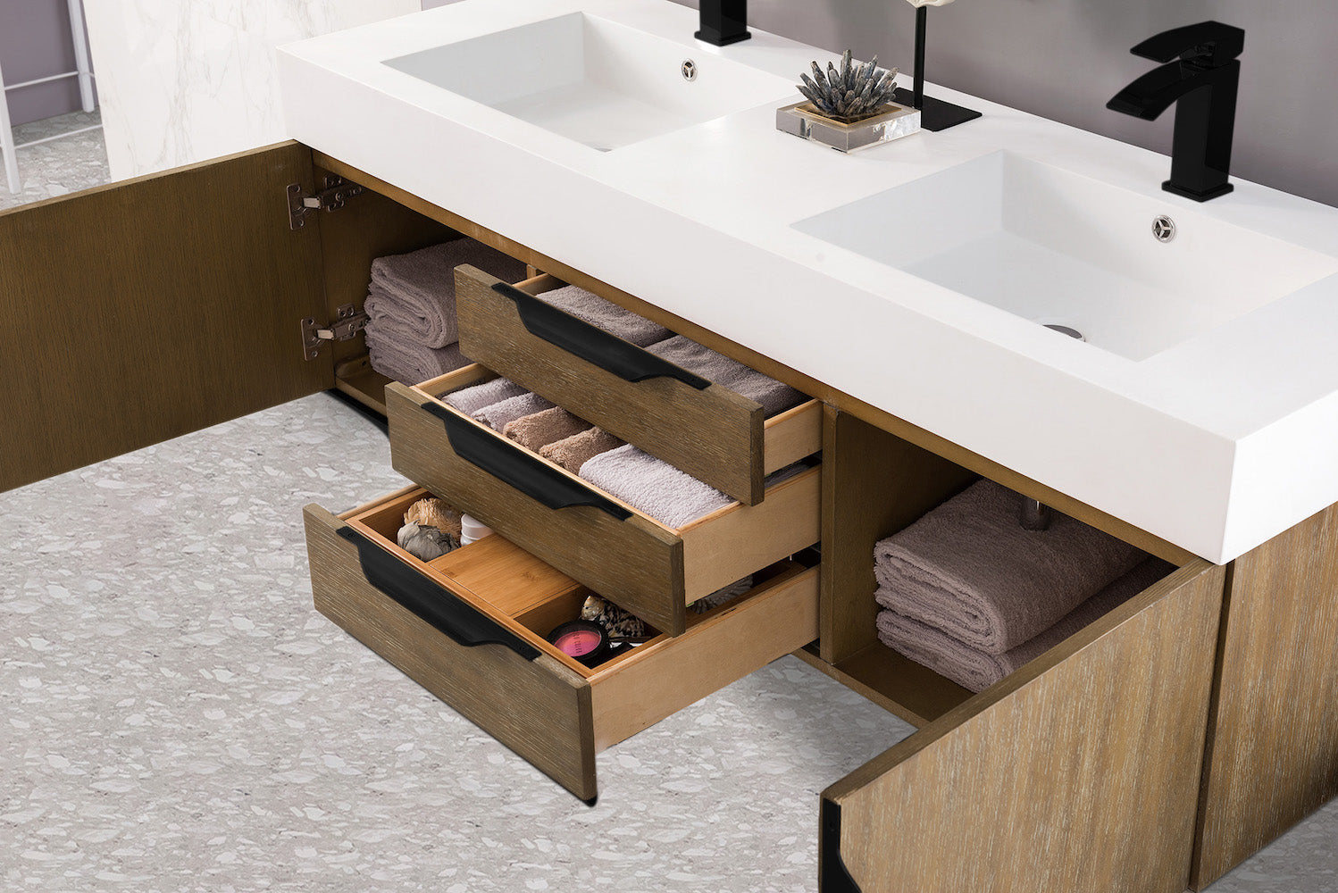 59" Mercer Island Double Sink Bathroom Vanity, Latte Oak w/ Matte Black