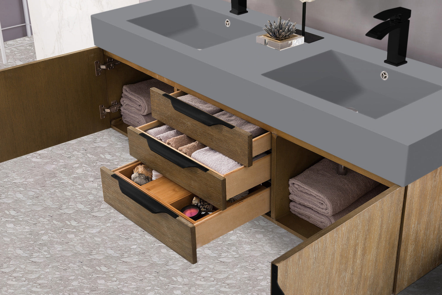59" Mercer Island Double Sink Bathroom Vanity, Latte Oak w/ Matte Black
