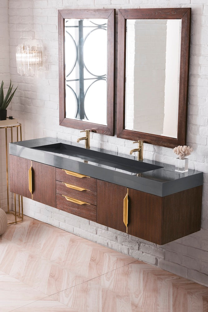 72" Mercer Island Double Sink Bathroom Vanity, Coffee Oak w/ Radiant Gold
