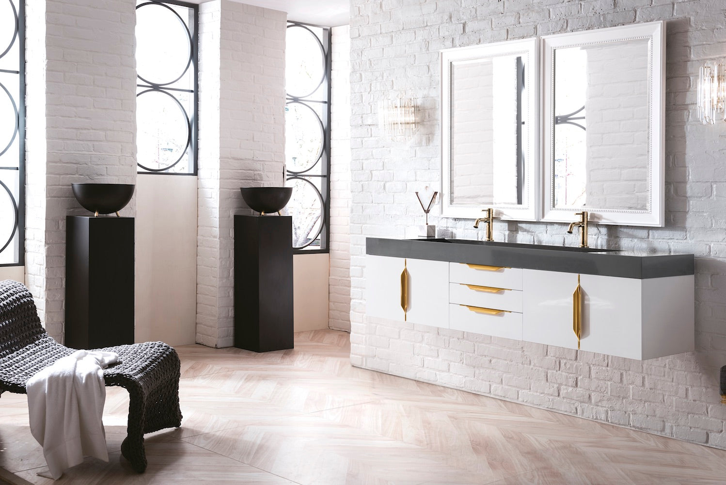 72" Mercer Island Double Sink Bathroom Vanity, Glossy White w/ Radiant Gold