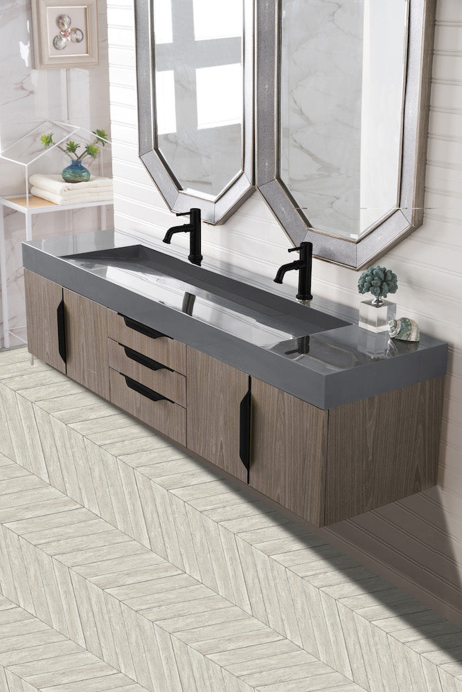 72" Mercer Island Double Sink Bathroom Vanity, Ash Gray w/ Matte Black