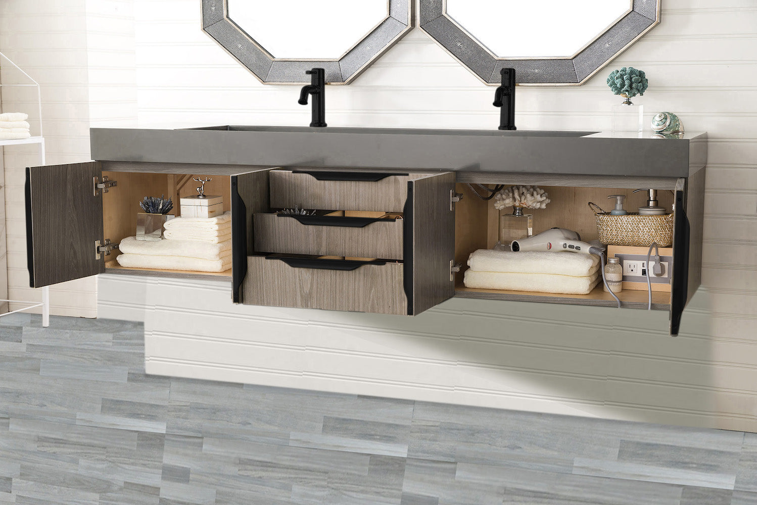 72" Mercer Island Double Sink Bathroom Vanity, Ash Gray w/ Matte Black
