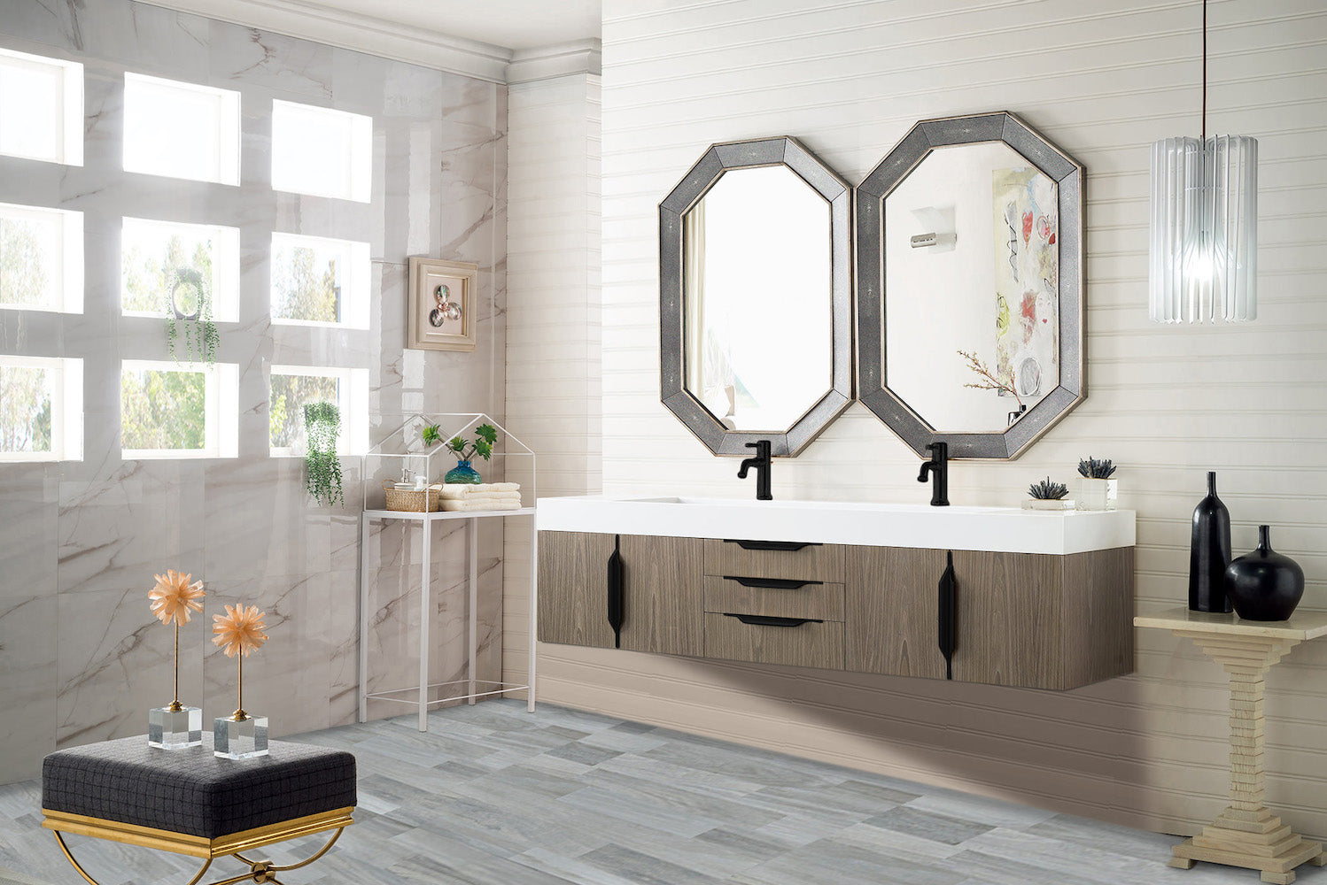 72" Mercer Island Double Sink Bathroom Vanity, Ash Gray w/ Matte Black