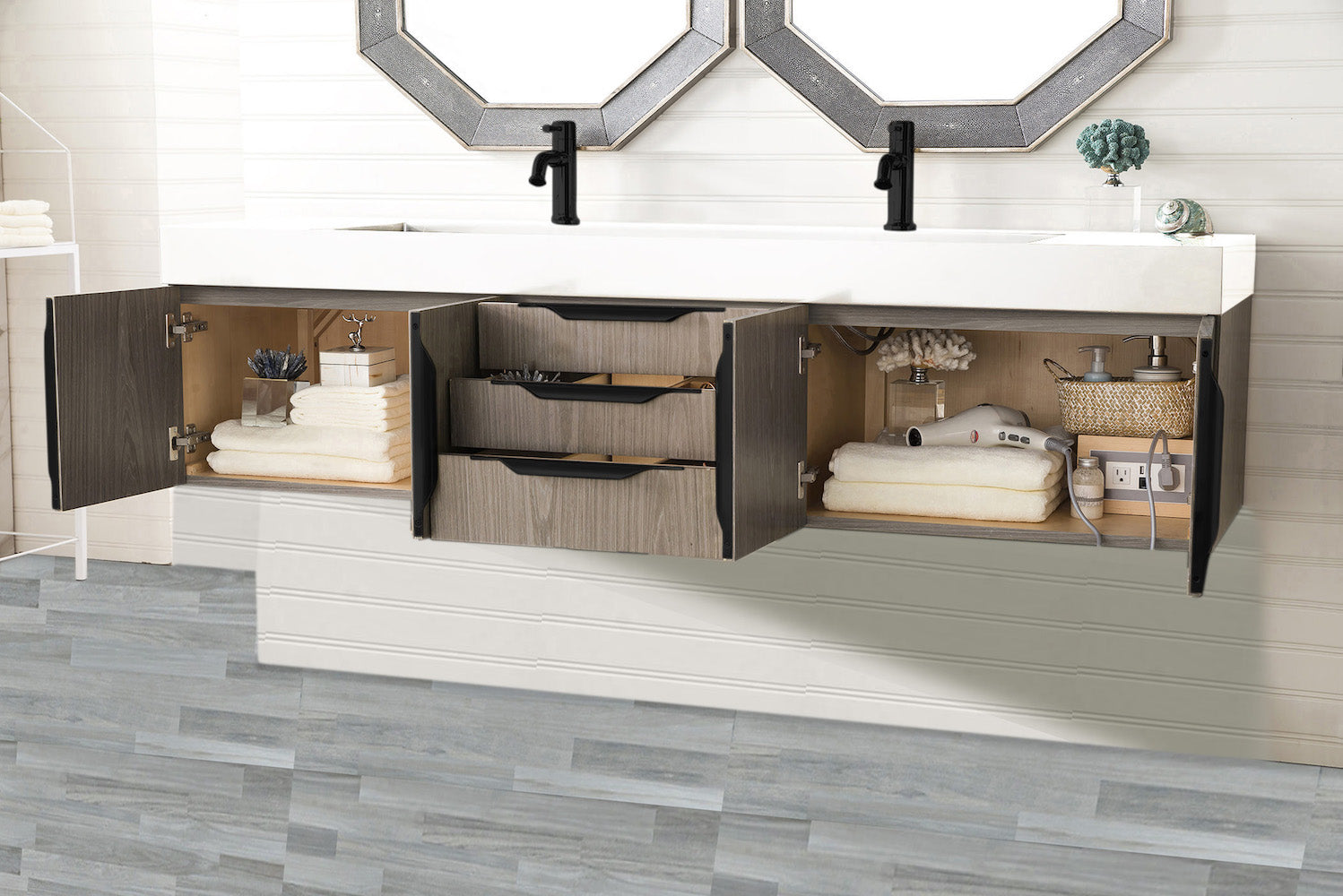 72" Mercer Island Double Sink Bathroom Vanity, Ash Gray w/ Matte Black
