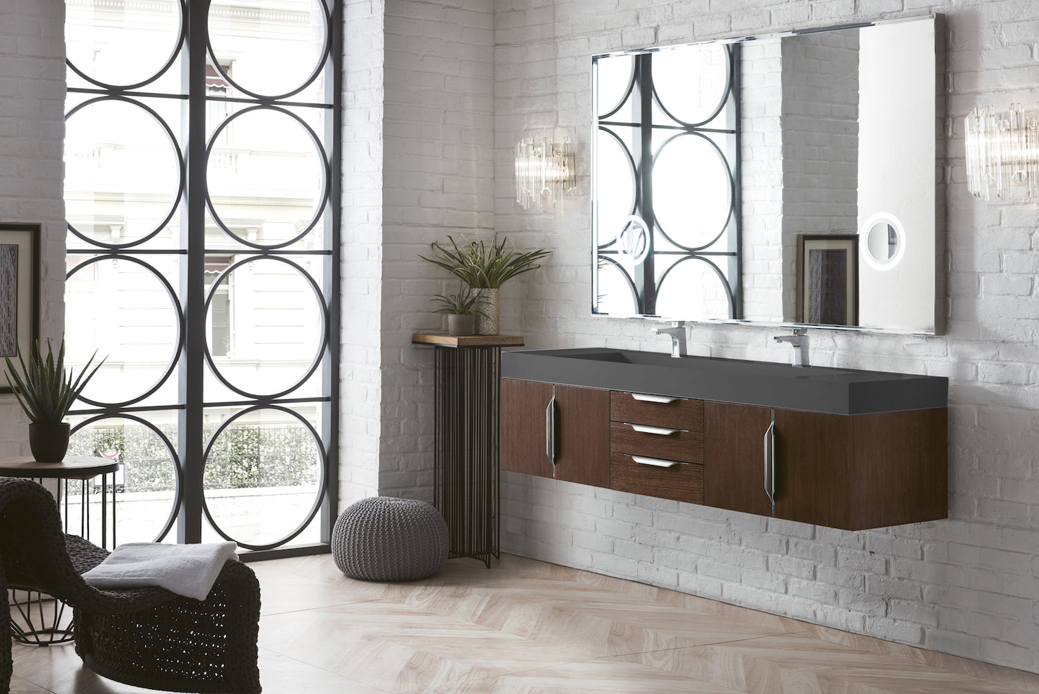 72" Mercer Island Double Sink Bathroom Vanity, Coffee Oak w/ Brushed Nickel