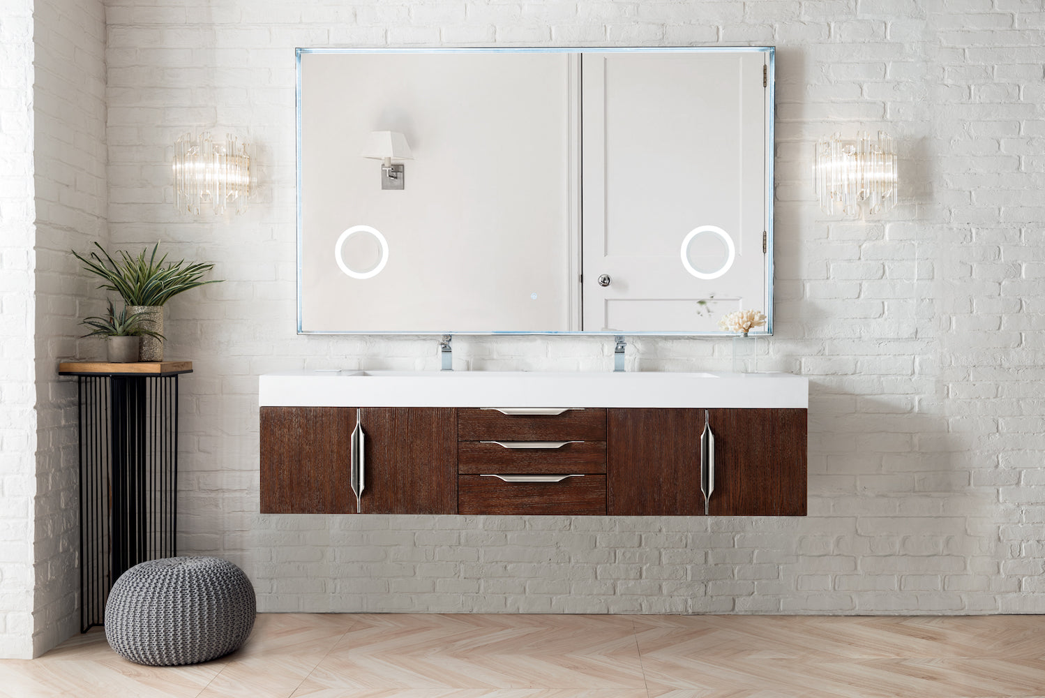 72" Mercer Island Double Sink Bathroom Vanity, Coffee Oak w/ Brushed Nickel