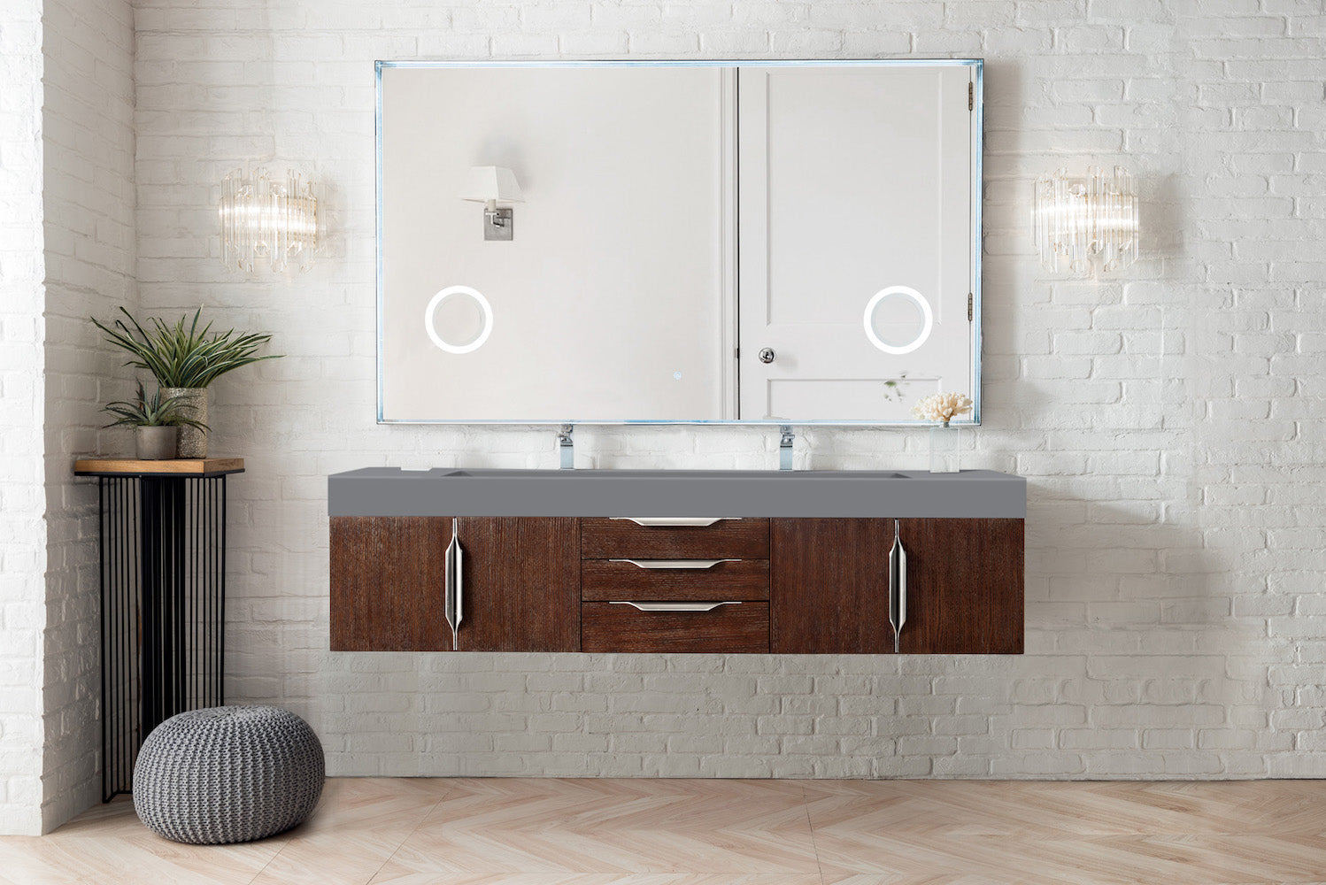 72" Mercer Island Double Sink Bathroom Vanity, Coffee Oak w/ Brushed Nickel