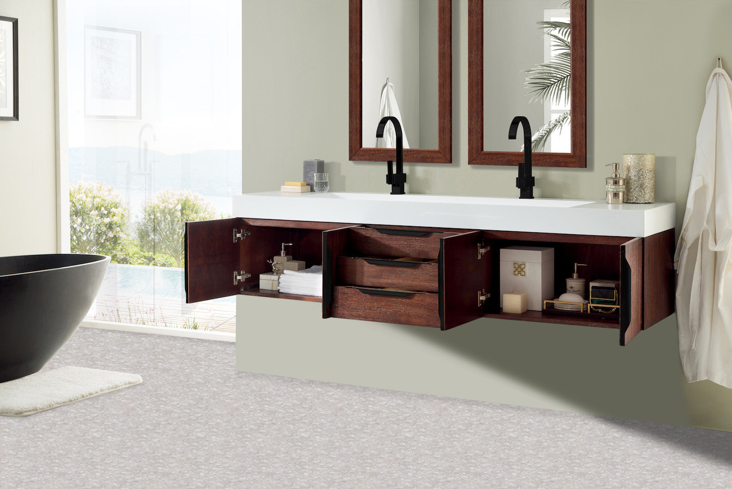 72" Mercer Island Double Sink Bathroom Vanity, Coffee Oak w/ Matte Black