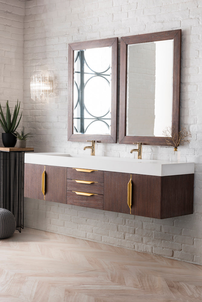 72" Mercer Island Double Sink Bathroom Vanity, Coffee Oak w/ Radiant Gold