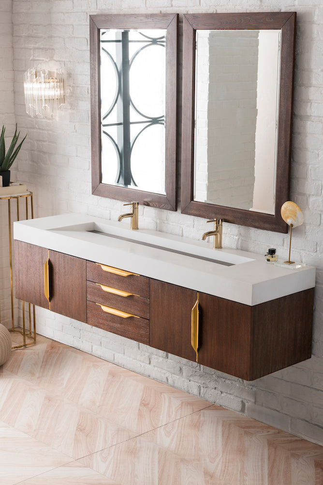 72" Mercer Island Double Sink Bathroom Vanity, Coffee Oak w/ Radiant Gold