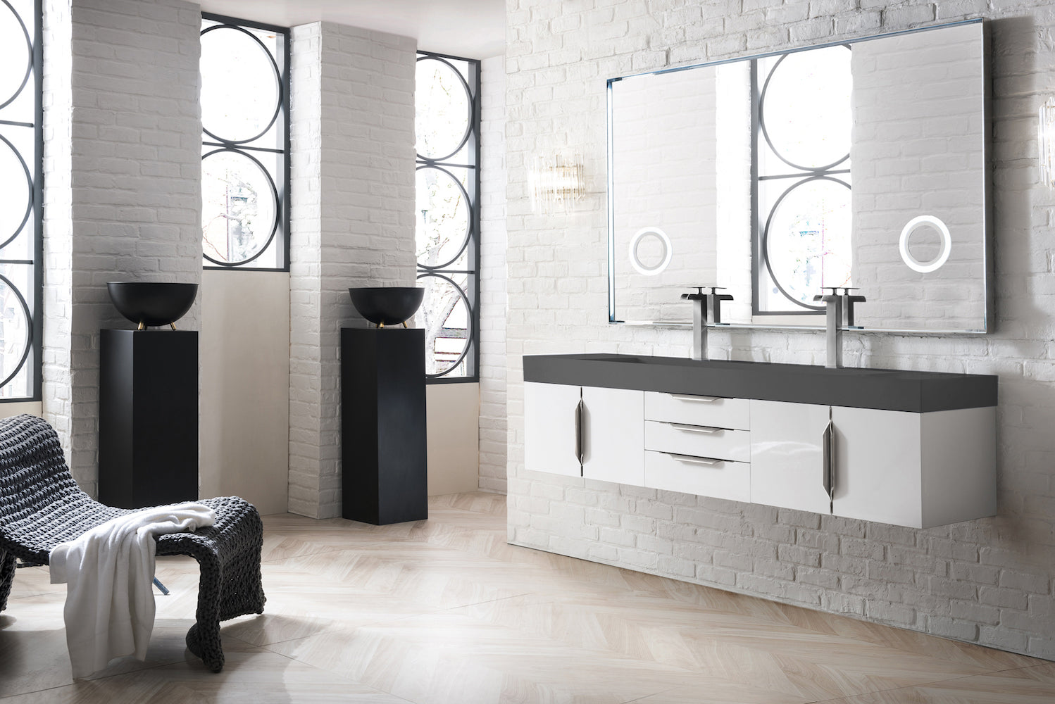 72" Mercer Island Double Sink Bathroom Vanity, Glossy White w/ Brushed Nickel