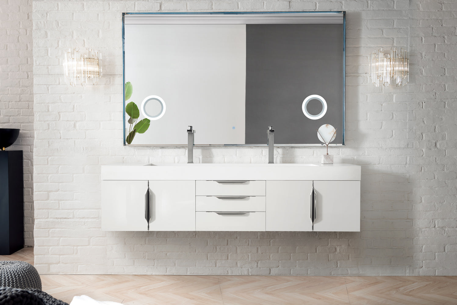 72" Mercer Island Double Sink Bathroom Vanity, Glossy White w/ Brushed Nickel