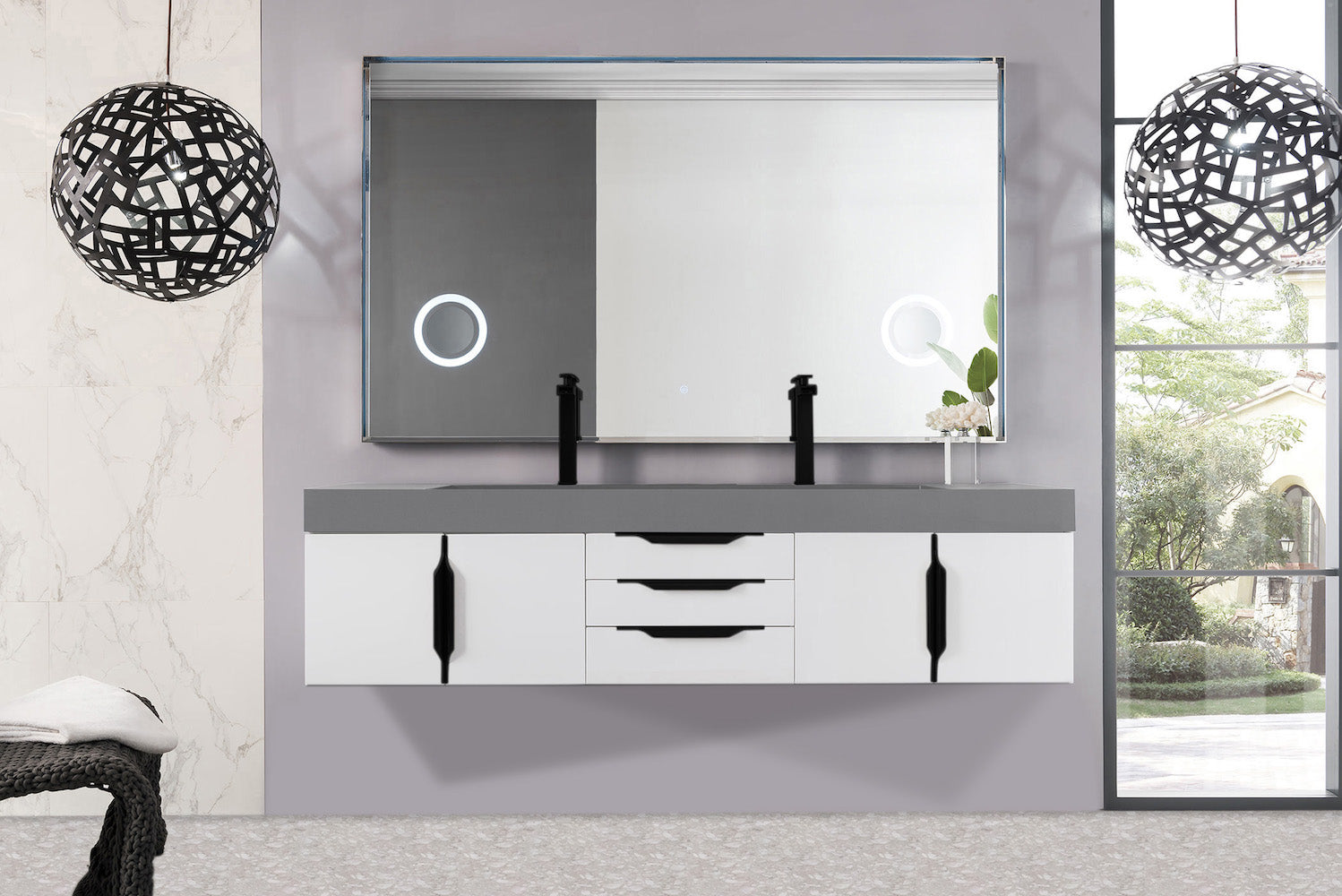 72" Mercer Island Double Sink Bathroom Vanity, Glossy White w/ Matte Black