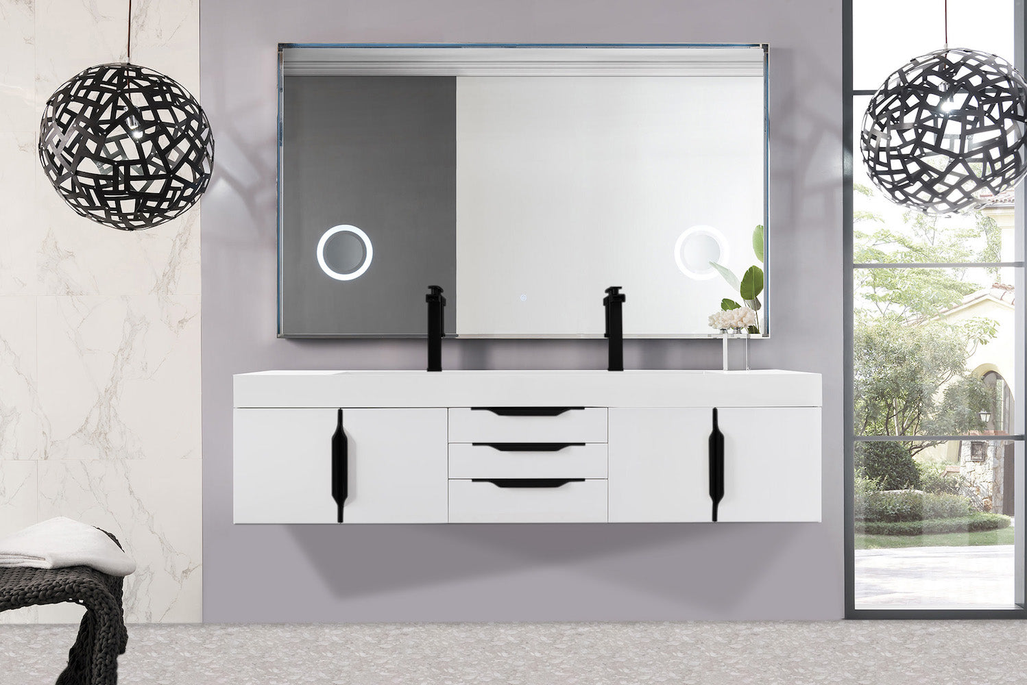 72" Mercer Island Double Sink Bathroom Vanity, Glossy White w/ Matte Black