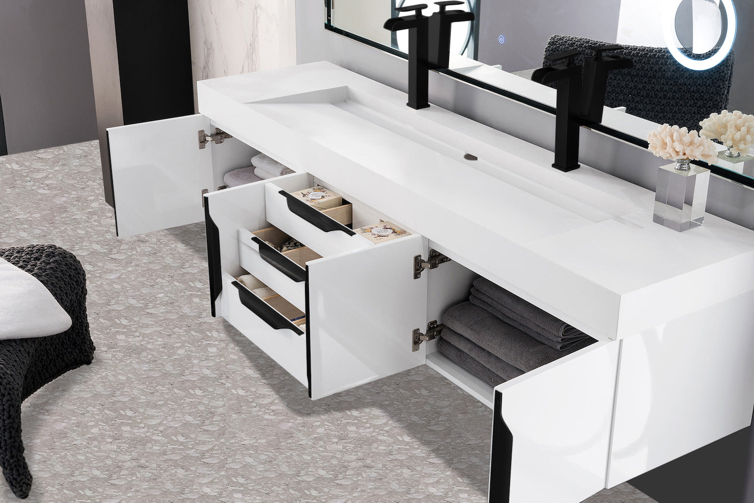 72" Mercer Island Double Sink Bathroom Vanity, Glossy White w/ Matte Black