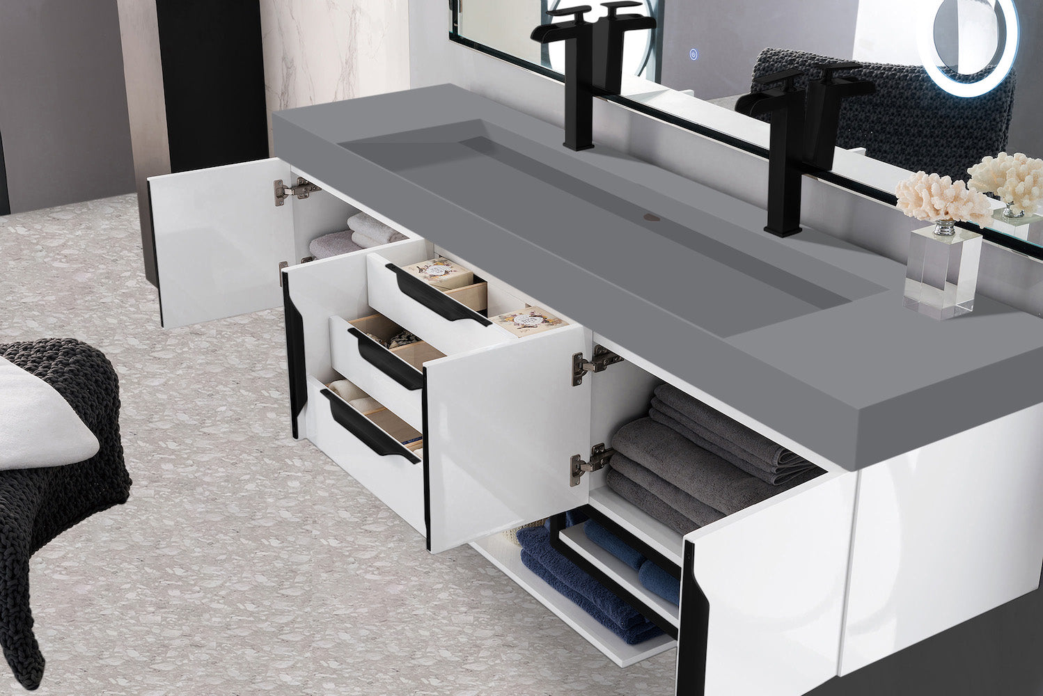 72" Mercer Island Double Sink Bathroom Vanity, Glossy White w/ Matte Black