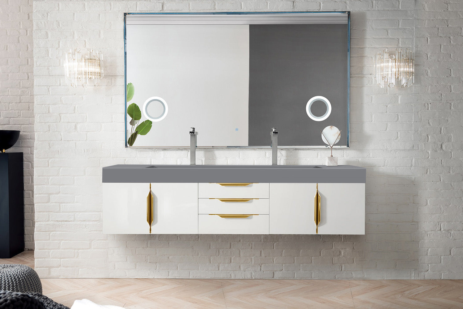 72" Mercer Island Double Sink Bathroom Vanity, Glossy White w/ Radiant Gold