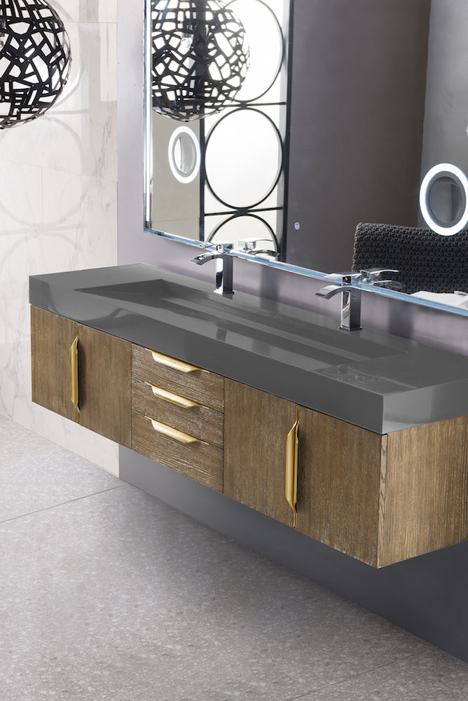72" Mercer Island Double Sink Bathroom Vanity, Latte Oak w/ Radiant Gold
