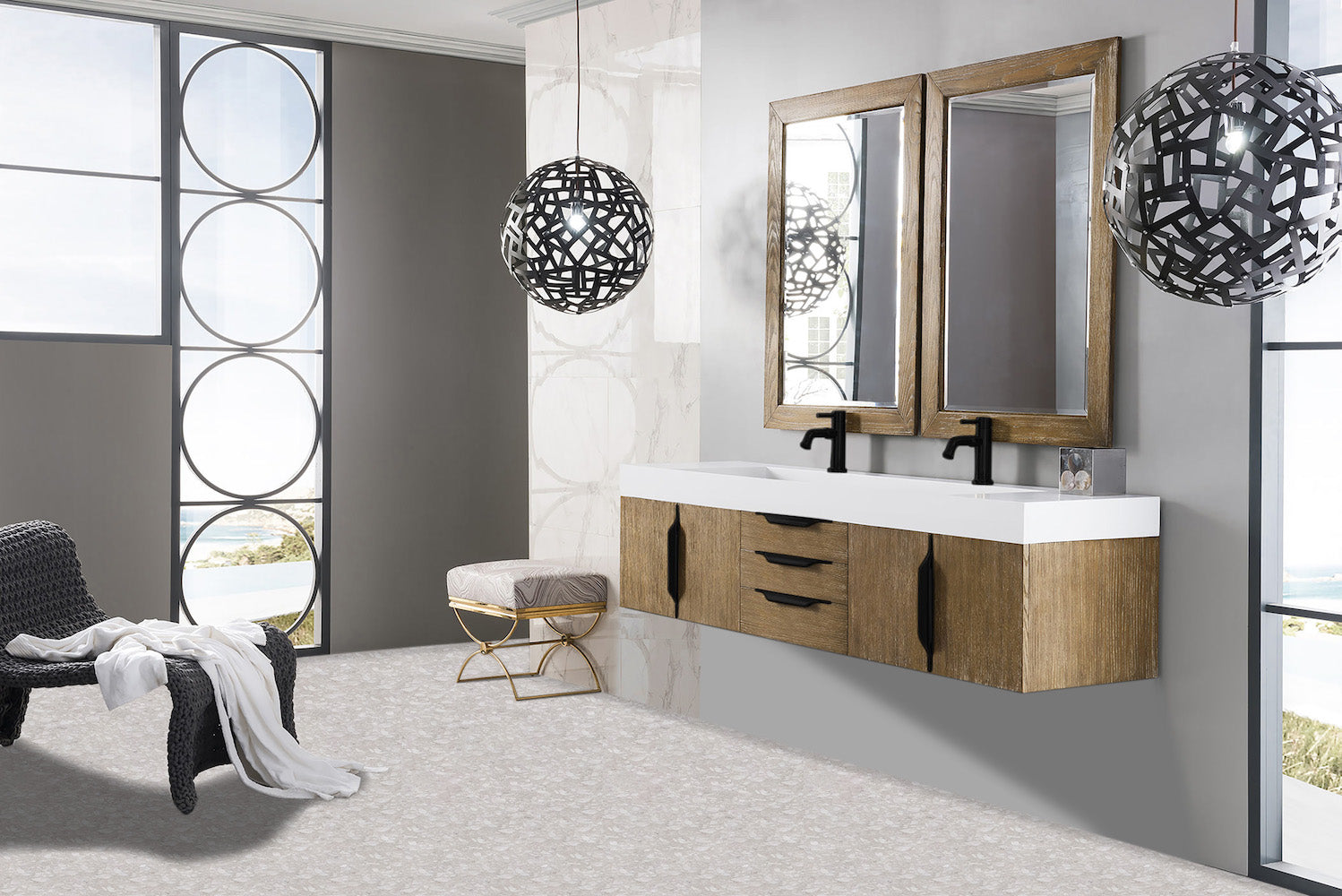 72" Mercer Island Double Sink Bathroom Vanity, Latte Oak w/ Matte Black